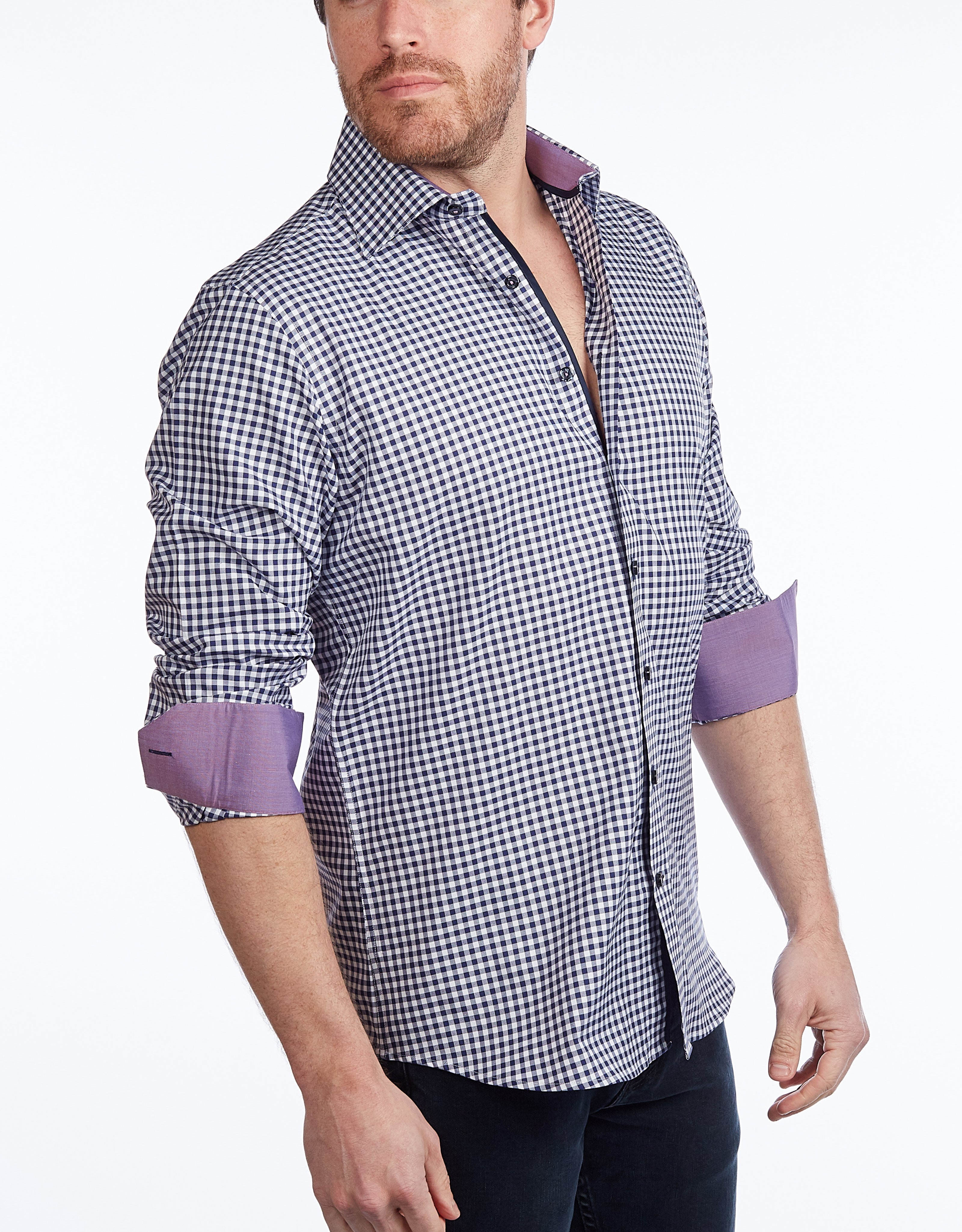 Contrast Collar Button-Up Shirt // Navy + Burgundy - Contemporary Fit - contrast trimming- final sale LEVINAS® Official