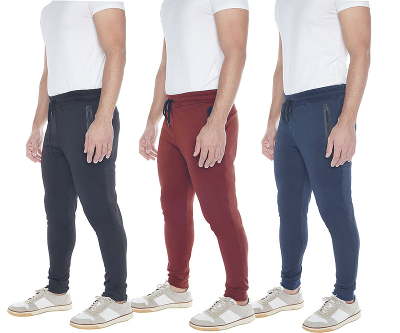 Men's 3-Pack Active Athletic Workout Jogger with Zipper Pockets and Drawstring //Black - Navy - Burgundy//