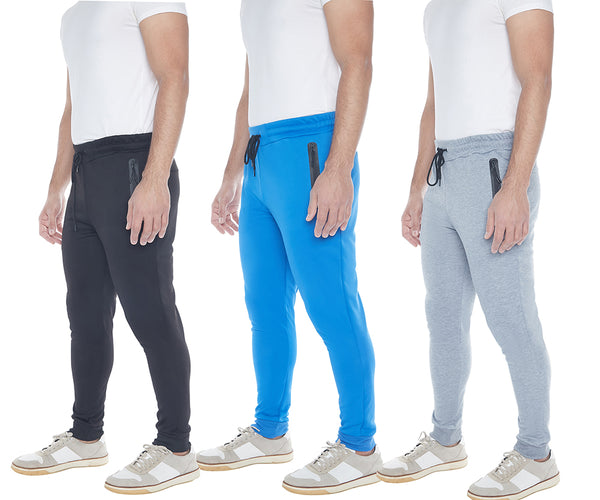 Men's 3-Pack Active Athletic Workout Jogger with Zipper Pockets and Drawstring //Black - Grey -Blue//