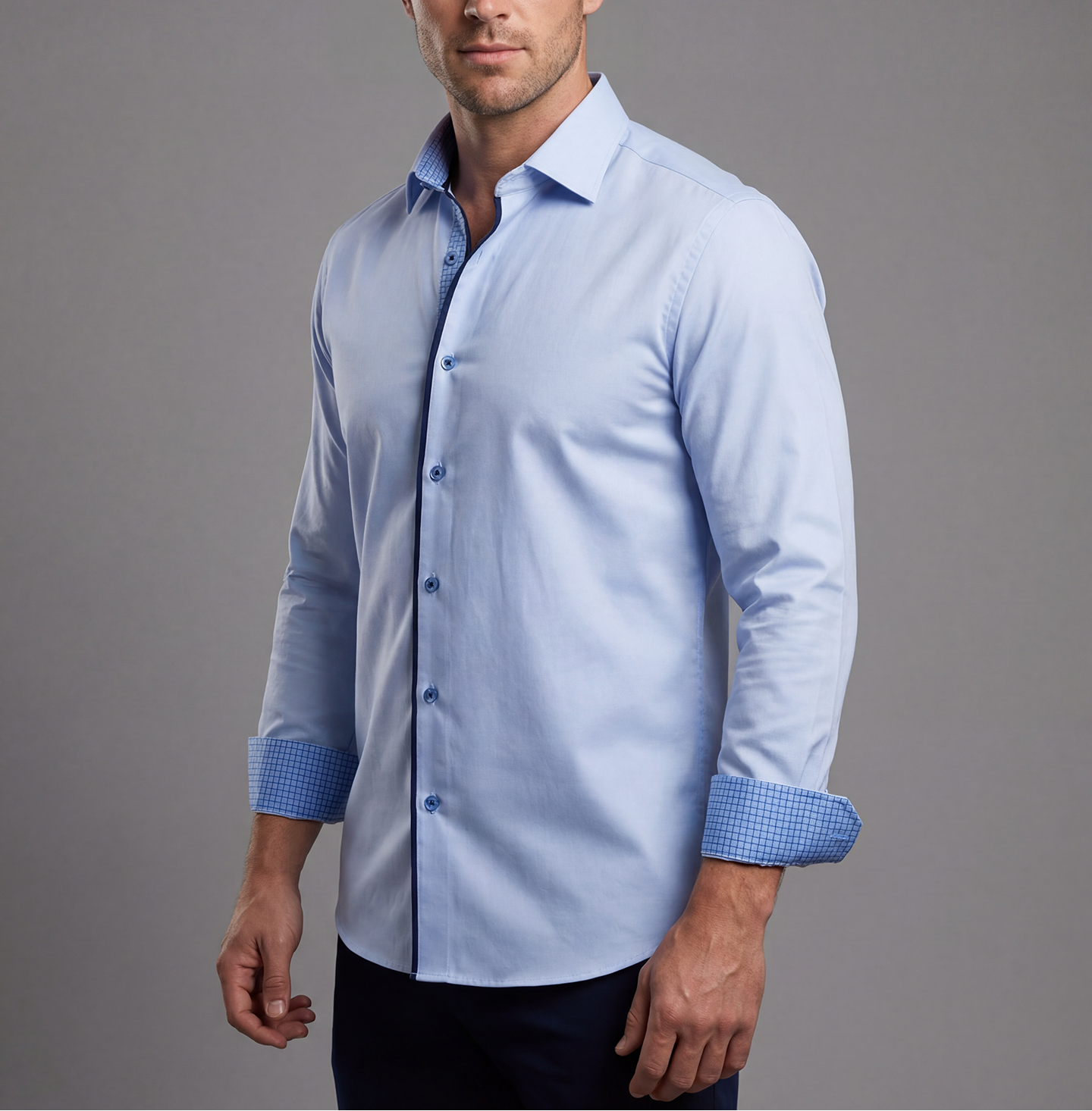 Levy// Cotton Knit-Stretch Button-Up Shirt With Contrast Details // Blue // Tailored Fit (Fitted)