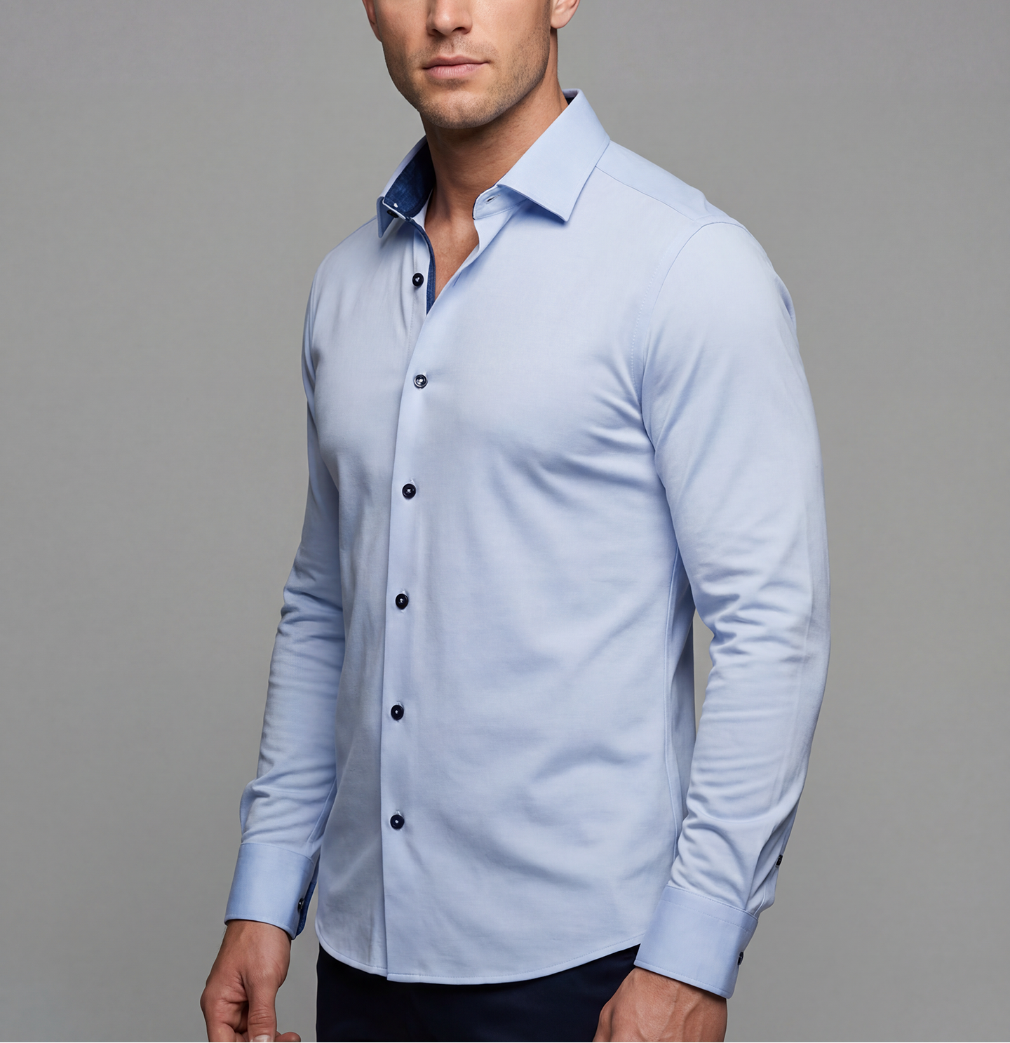 Ralph// Cotton Knit-Stretch Button-Up Shirt With Contrast Details // Blue // Tailored Fit (Fitted)