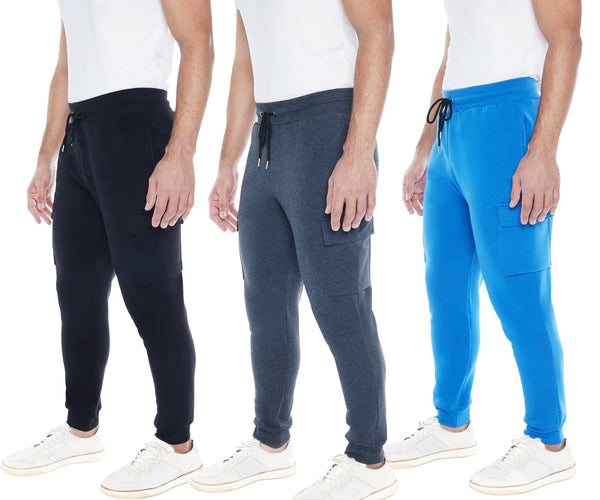 Men's 3-Pack Active Athletic Workout Sweatpants with Cargo Pockets and Drawstring