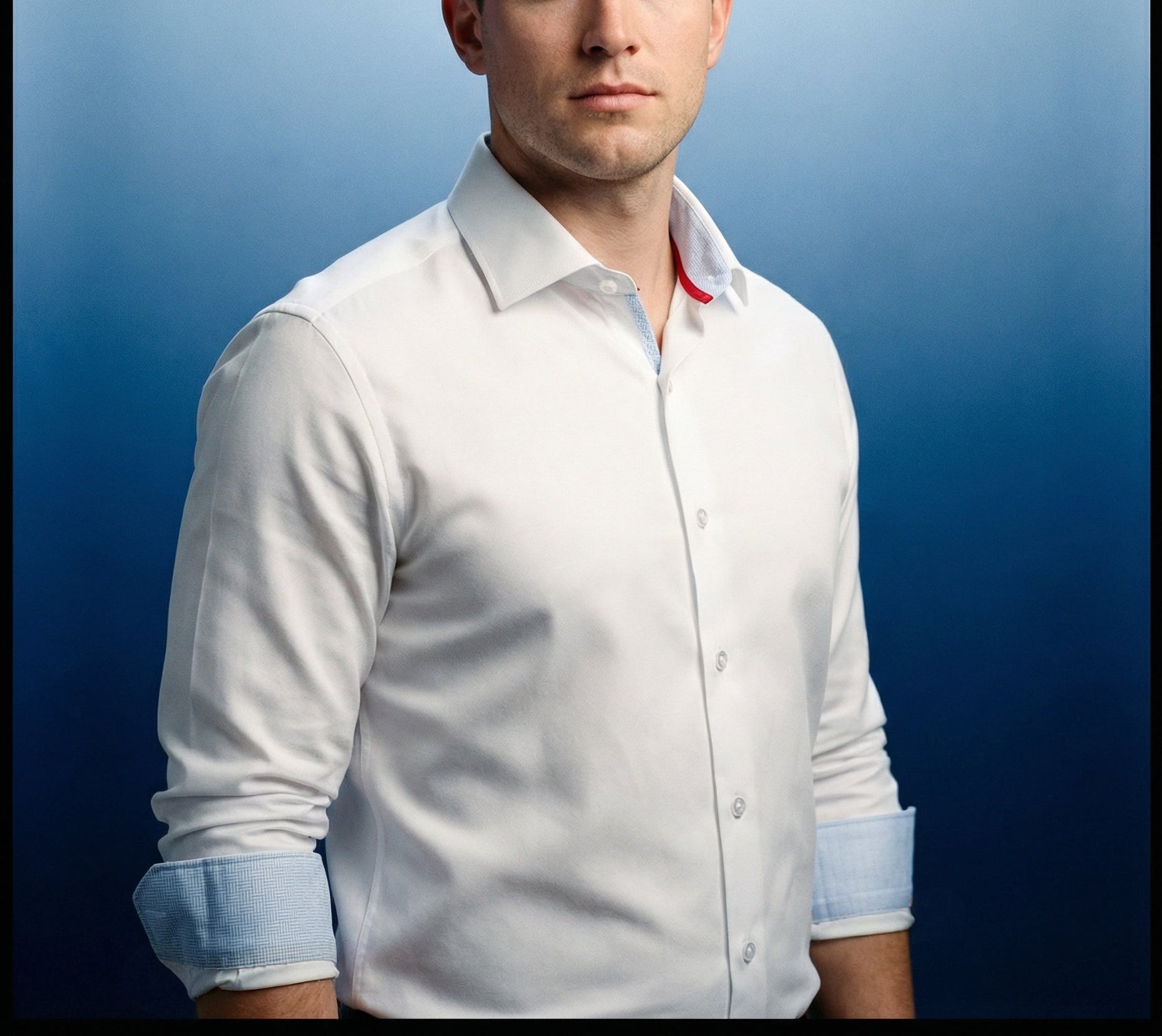 Kenneth// Cotton Knit-Stretch Button-Up Shirt With Contrast Details // White // Tailored Fit (Fitted)