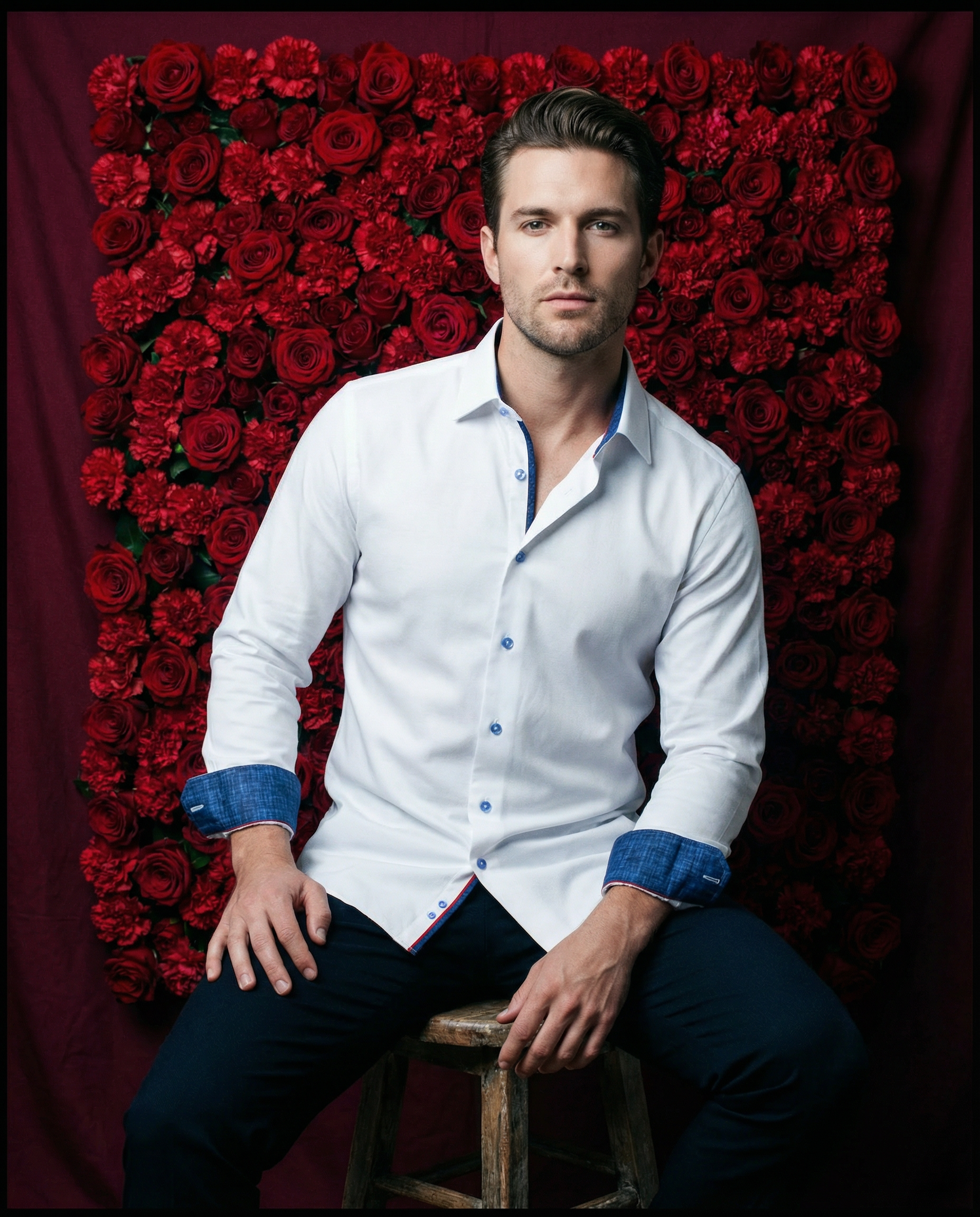 Ron// Cotton Knit-Stretch Button-Up Shirt With Contrast Details // White // Tailored Fit (Fitted)