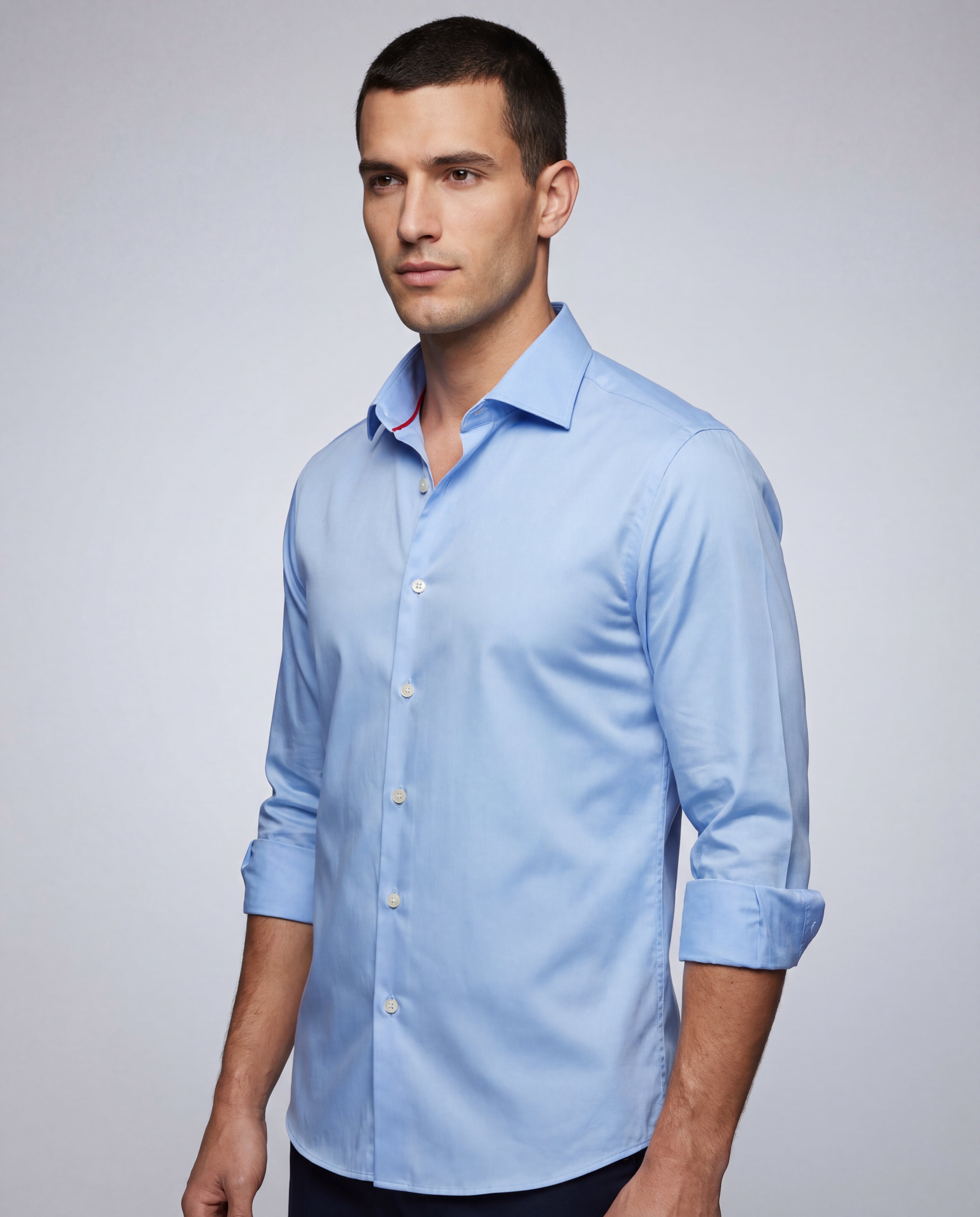 Lt Blue Long Sleeve Shirt with contract trimming // Dual cuffs// contemporary fit- Final Sale
