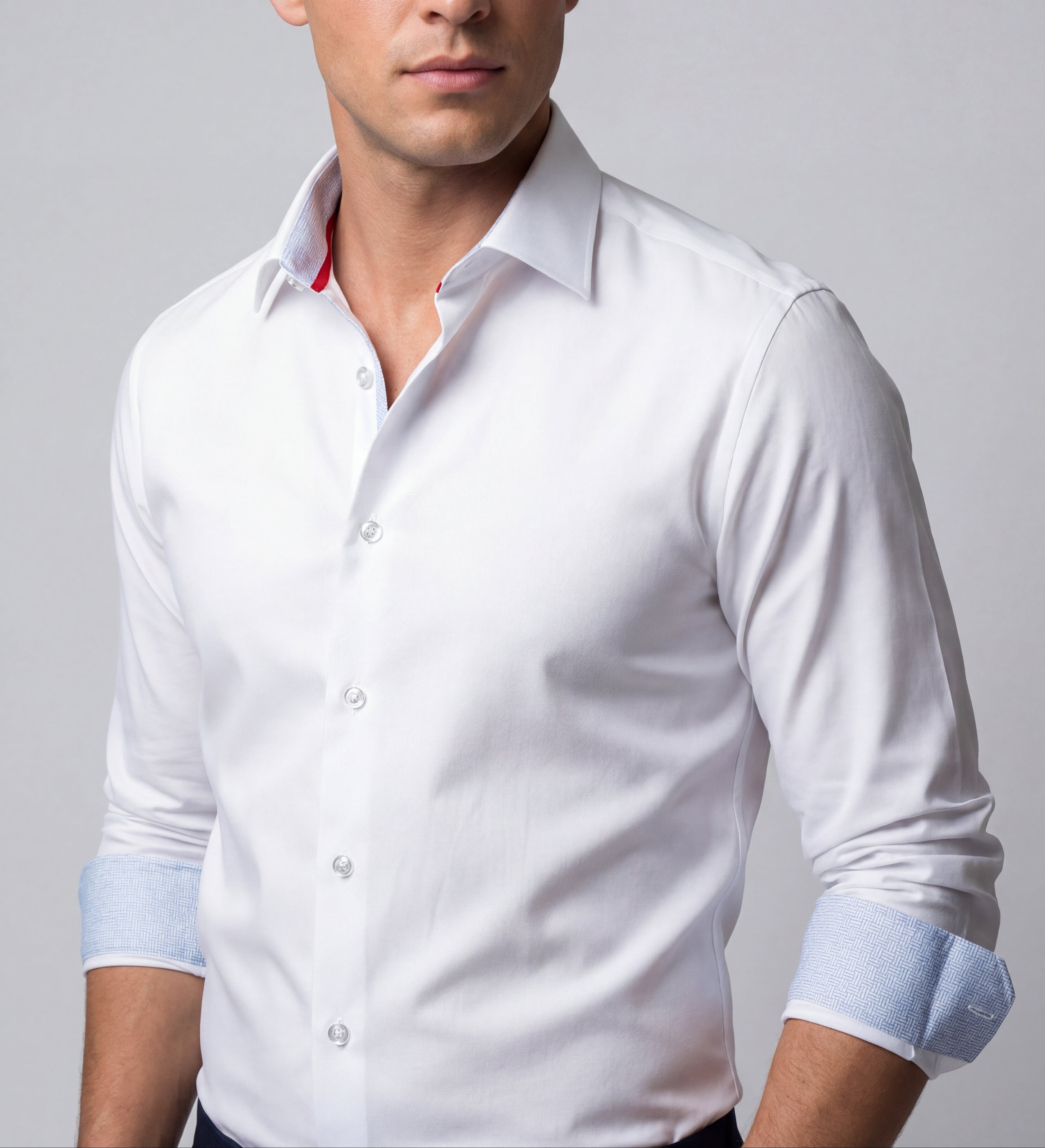 Kenneth// Cotton Knit-Stretch Button-Up Shirt With Contrast Details // White // Tailored Fit (Fitted)