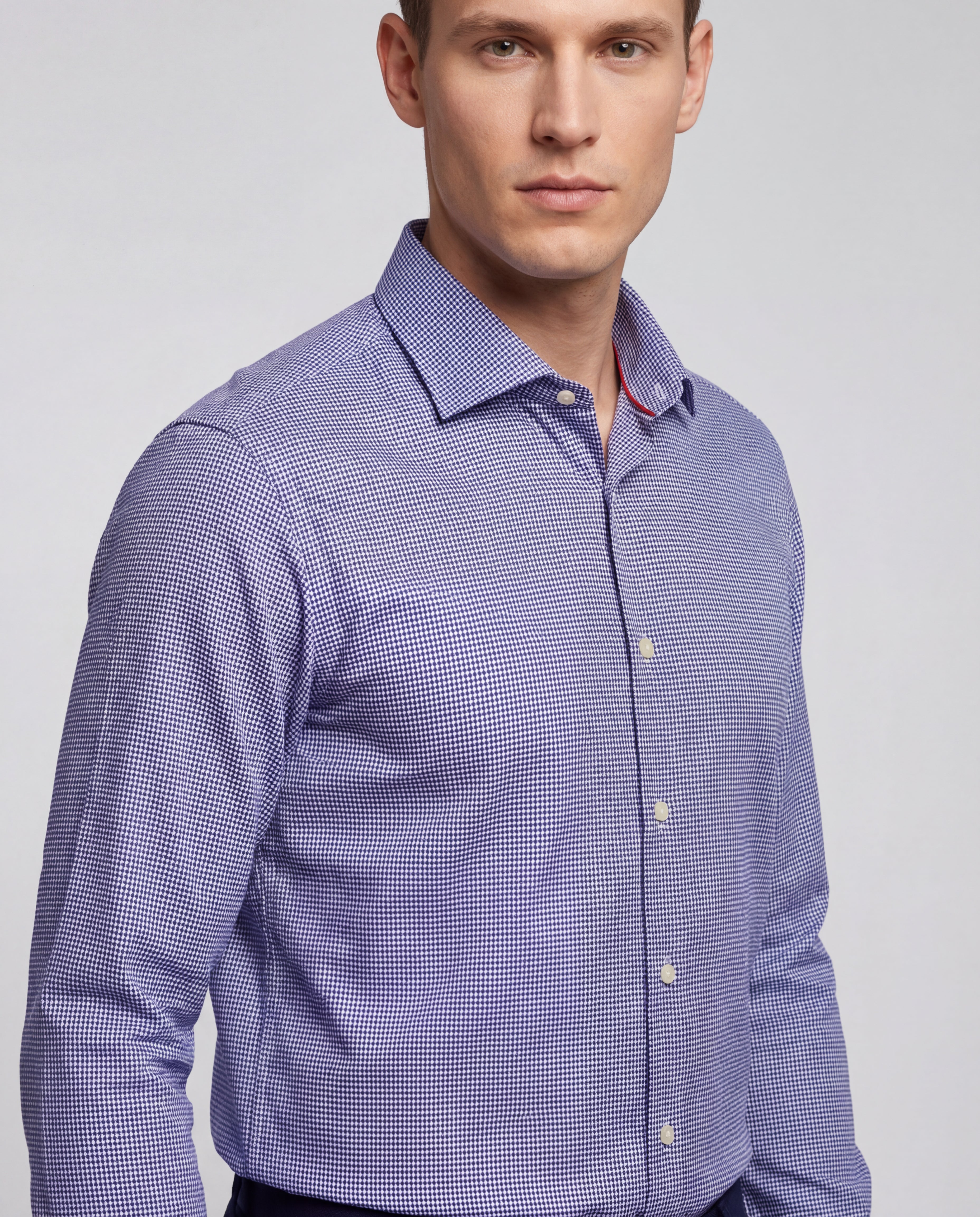 Blue Long Sleeve Shirt with contract trimming// Dual cuffs// contemporary fit- Final Sale