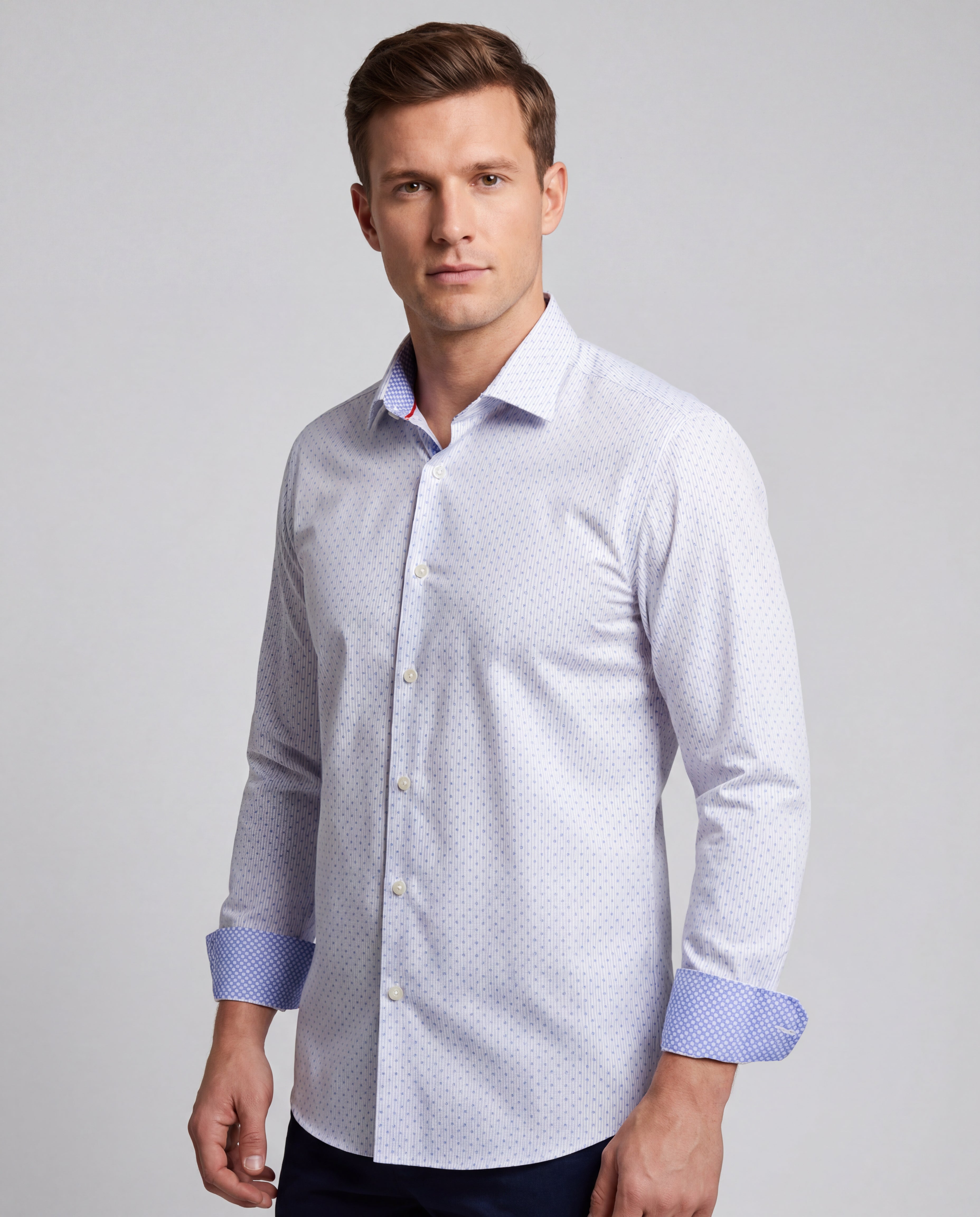 White Long Sleeve Shirt with contract trimming // Dual cuffs// contemporary fit- Final Sale