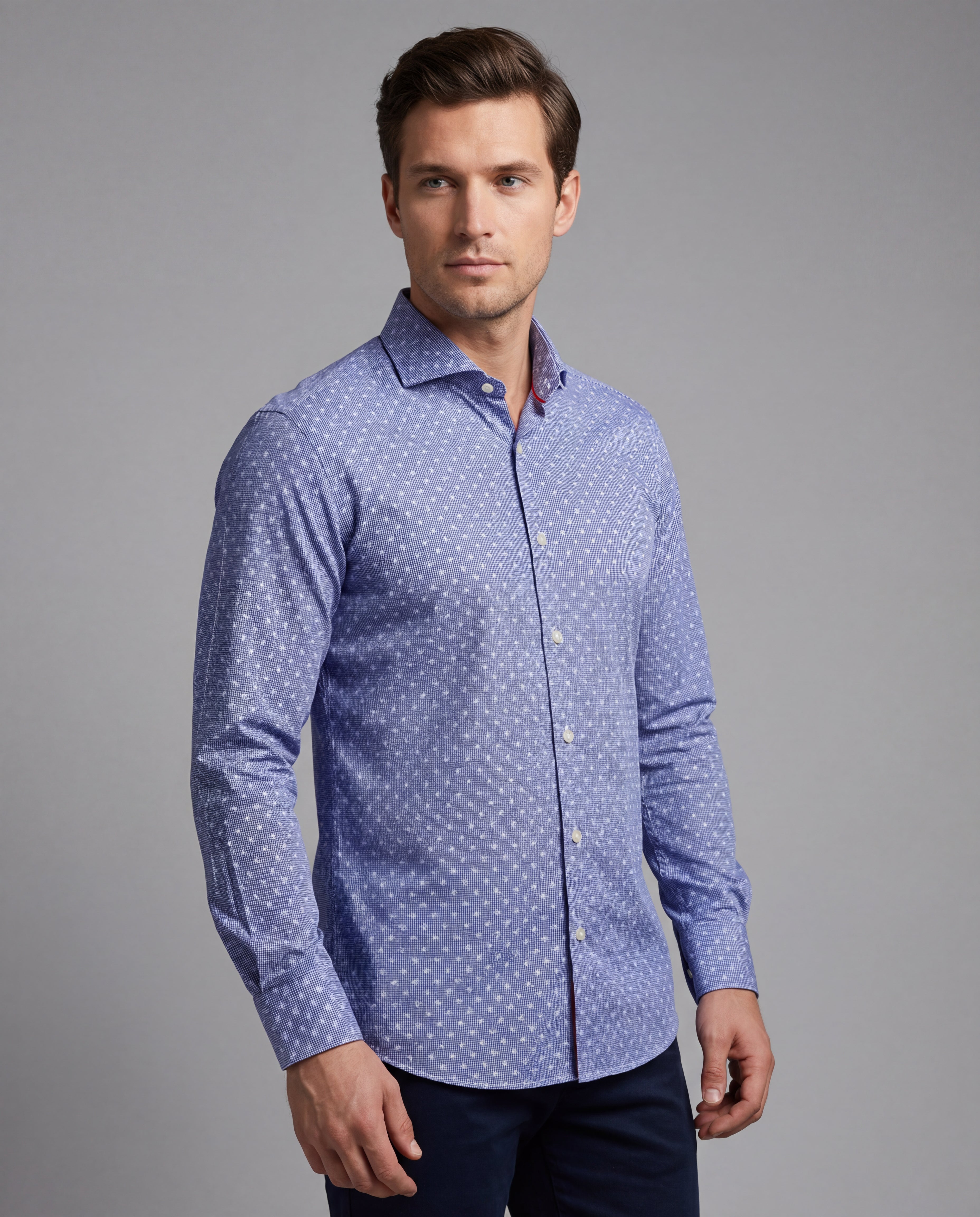 Blue Long Sleeve Shirt with contract trimming // Dual cuffs// contemporary fit- Final Sale
