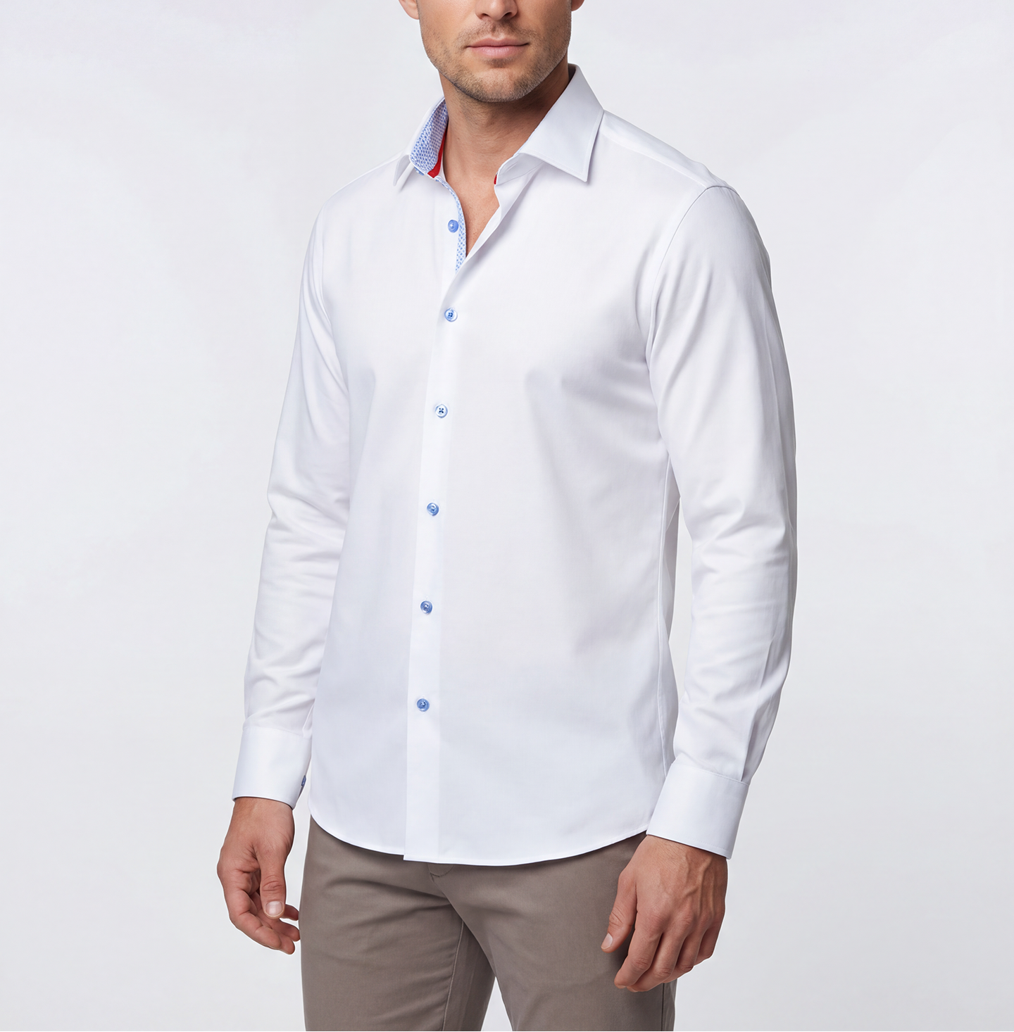 Scott// Cotton Knit-Stretch Button-Up Shirt With Contrast Details // White // Tailored Fit (Fitted)