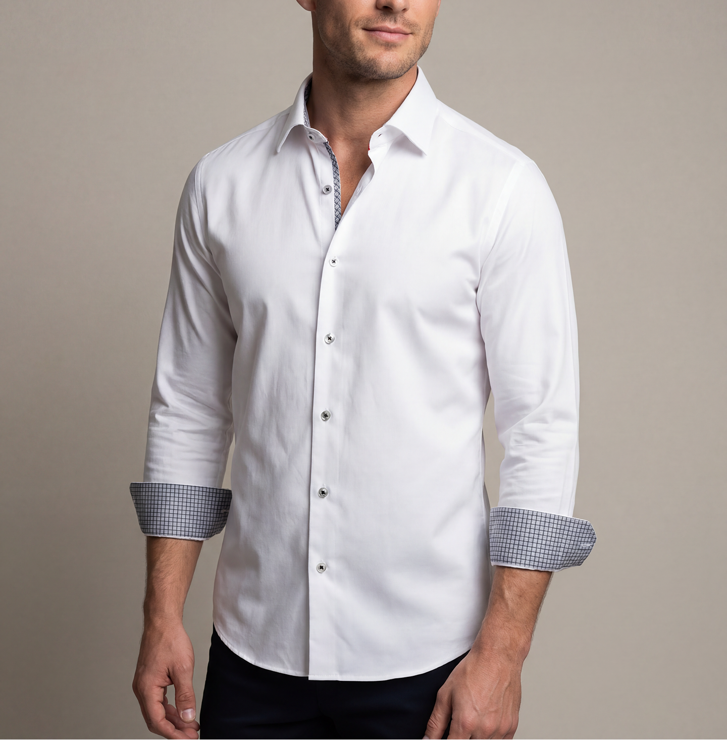 Jason// Cotton Knit-Stretch Button-Up Shirt With Contrast Details // White // Tailored Fit (Fitted)
