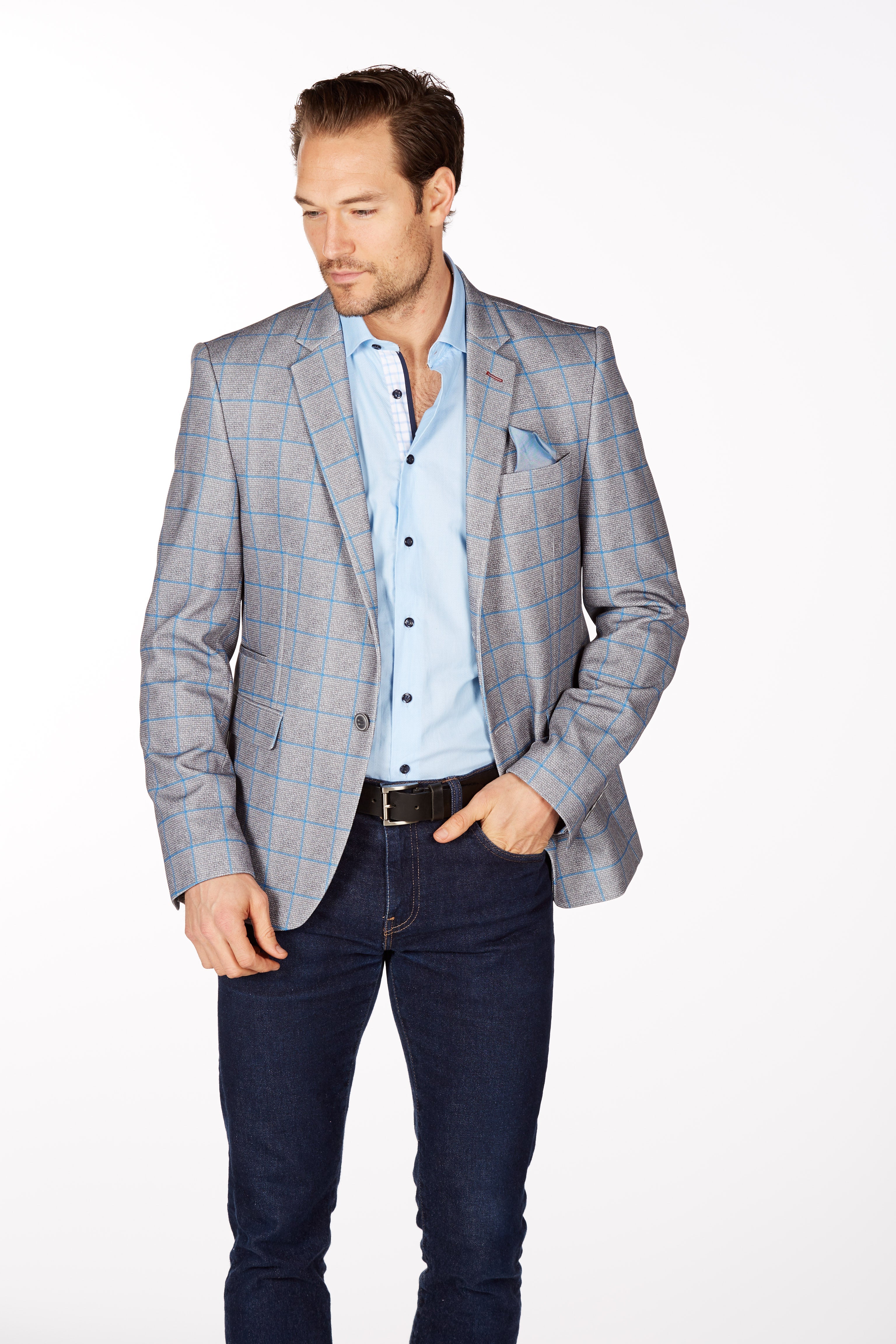 Wrinkle-Resistant Blazer - Slim Fit - Grey/Blue LEVINAS® Official 