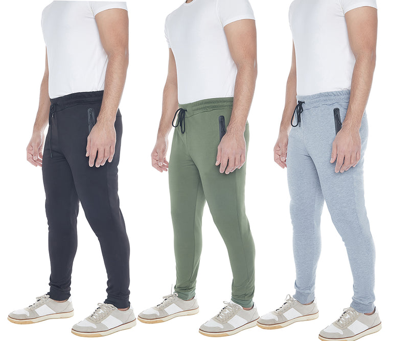 Men's 3-Pack Active Athletic Workout Jogger with Zipper Pocket and Drawstring //Black - Grey -Olive//
