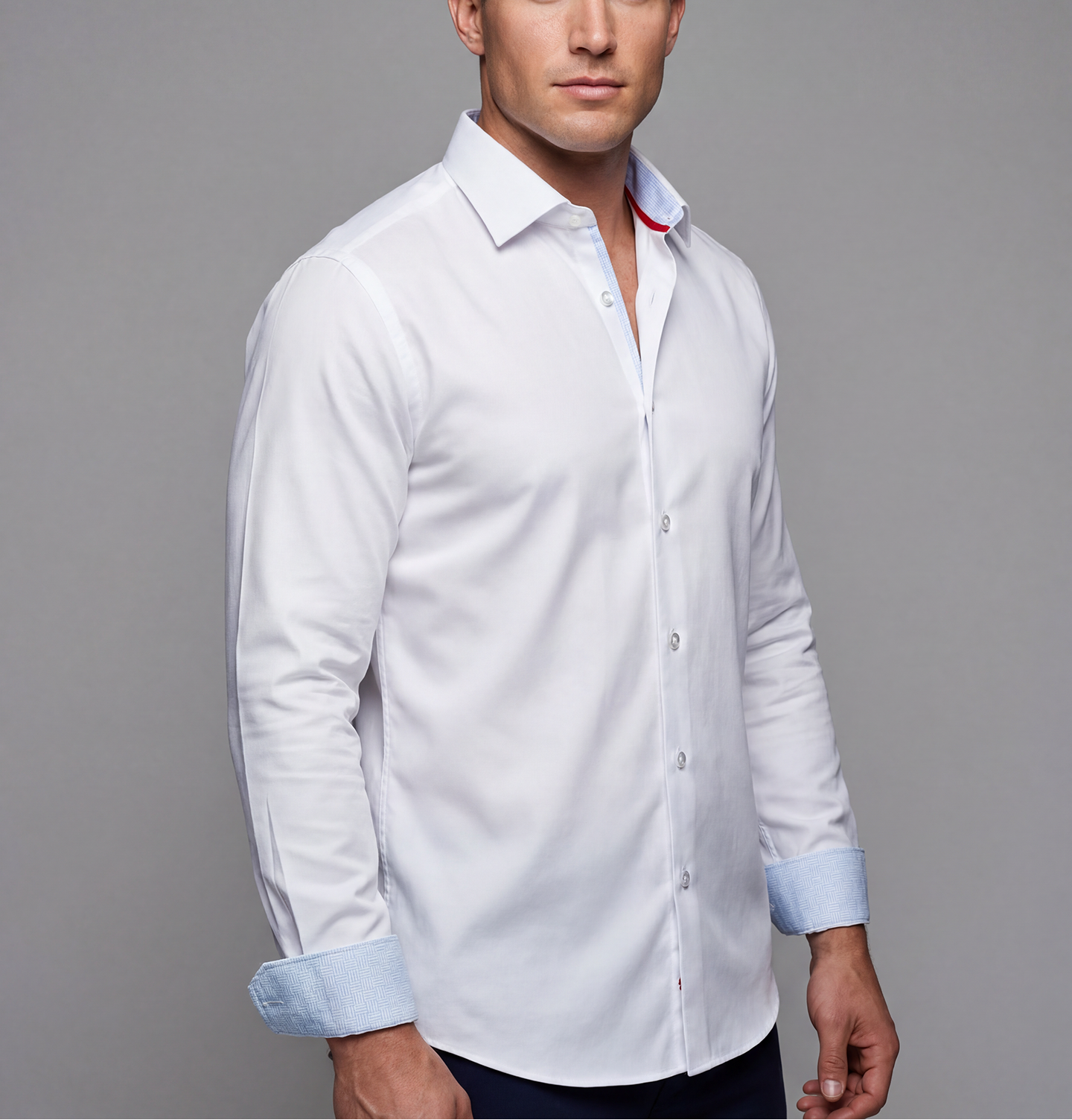 Kenneth// Cotton Knit-Stretch Button-Up Shirt With Contrast Details // White // Tailored Fit (Fitted)