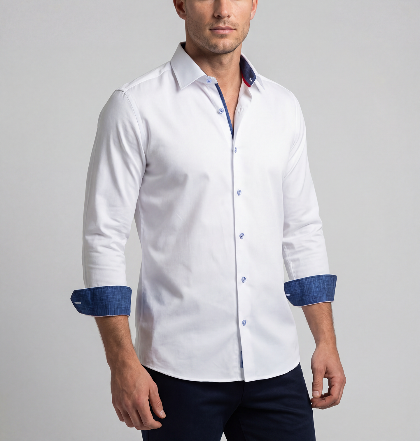 Ron// Cotton Knit-Stretch Button-Up Shirt With Contrast Details // White // Tailored Fit (Fitted)