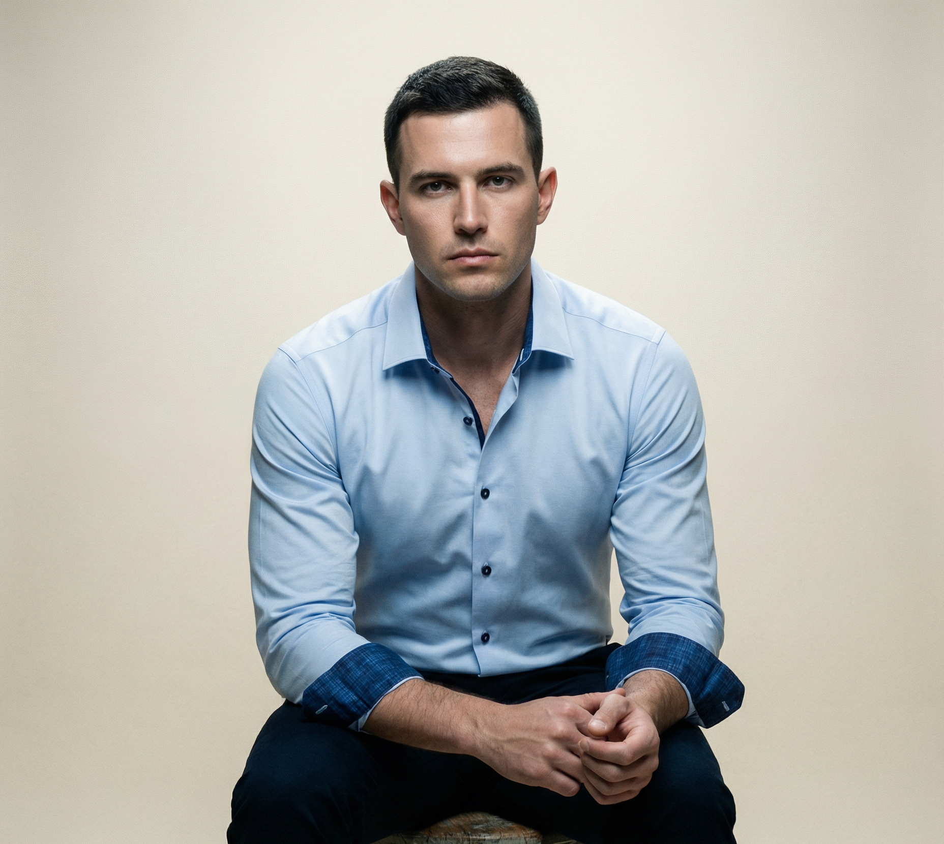 Ralph// Cotton Knit-Stretch Button-Up Shirt With Contrast Details // Blue // Tailored Fit (Fitted)