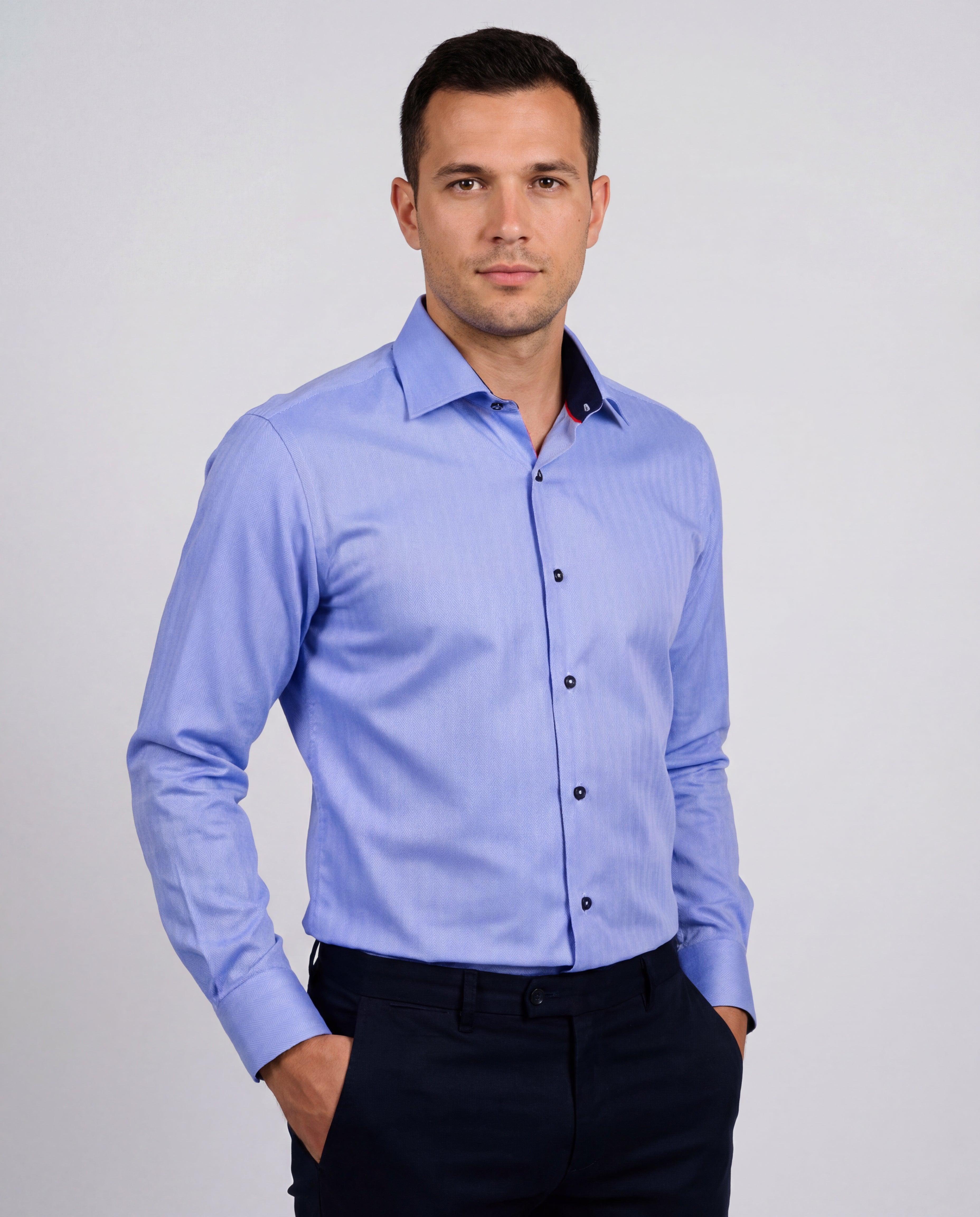 Lt Blue Long Sleeve Shirt with contract trimming // Dual cuffs// contemporary fit- Final Sale