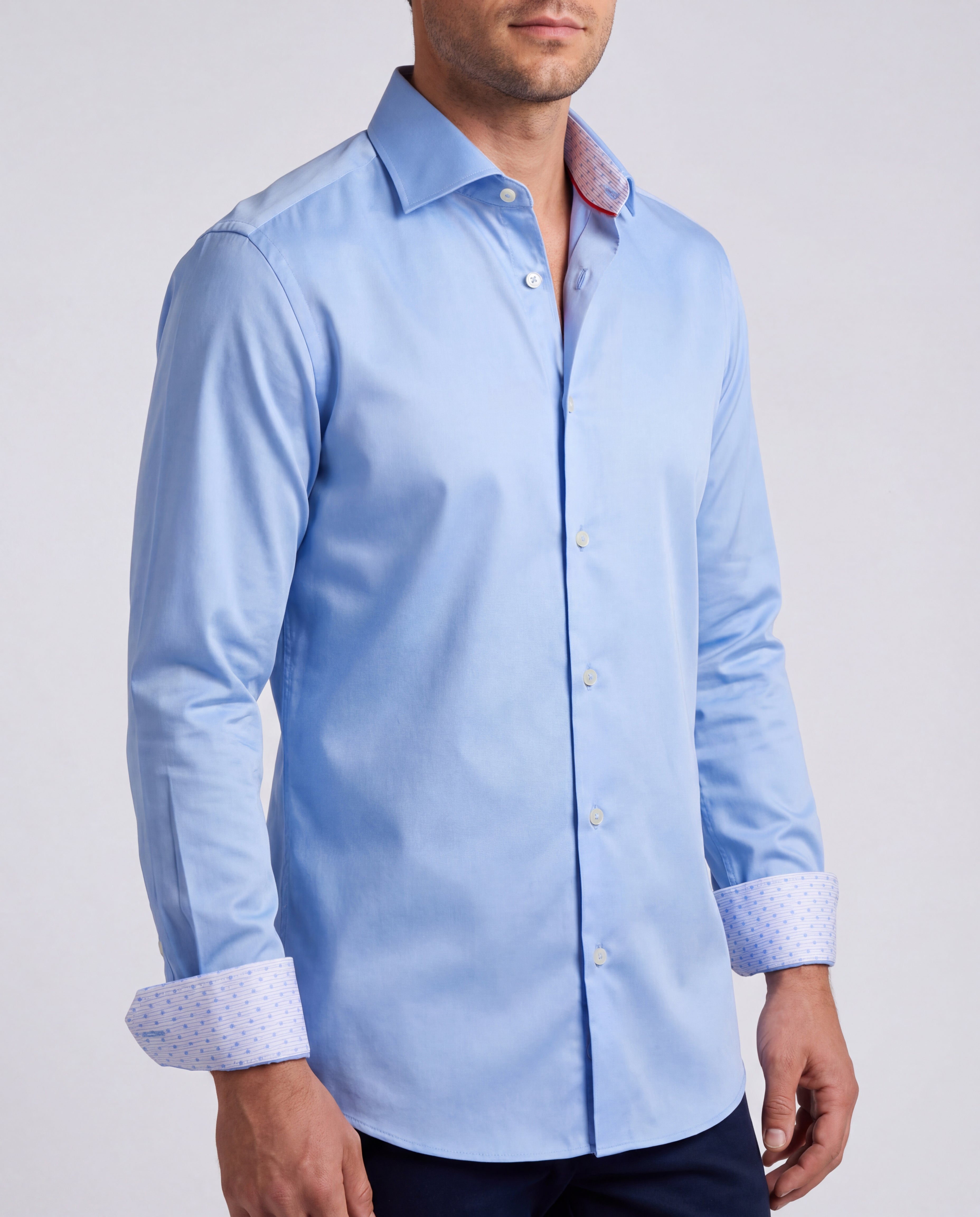 Blue Long Sleeve Shirt with contract trimming // Dual cuffs// contemporary fit- Final Sale