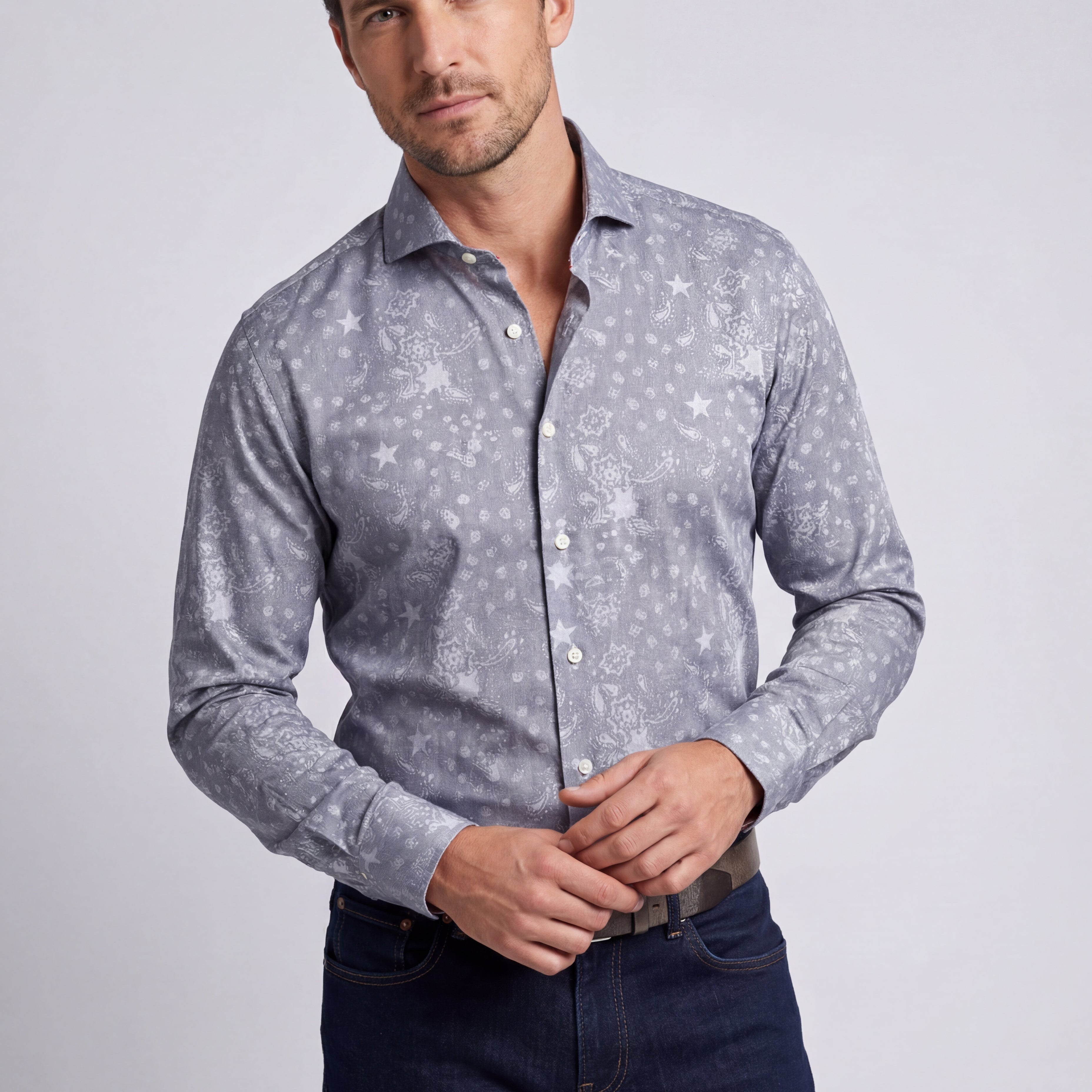 Blue Long Sleeve Shirt with contract trimming // Dual cuffs// contemporary fit- Final Sale