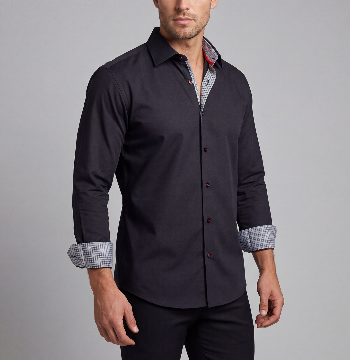 Donny// Cotton Knit-Stretch Button-Up Shirt With Contrast Details // Black // Tailored Fit (Fitted)